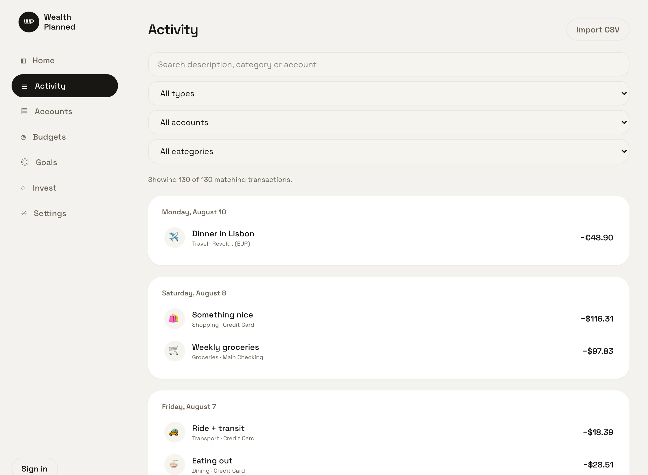 Activity list showing a −€48.90 euro transaction directly above two dollar transactions