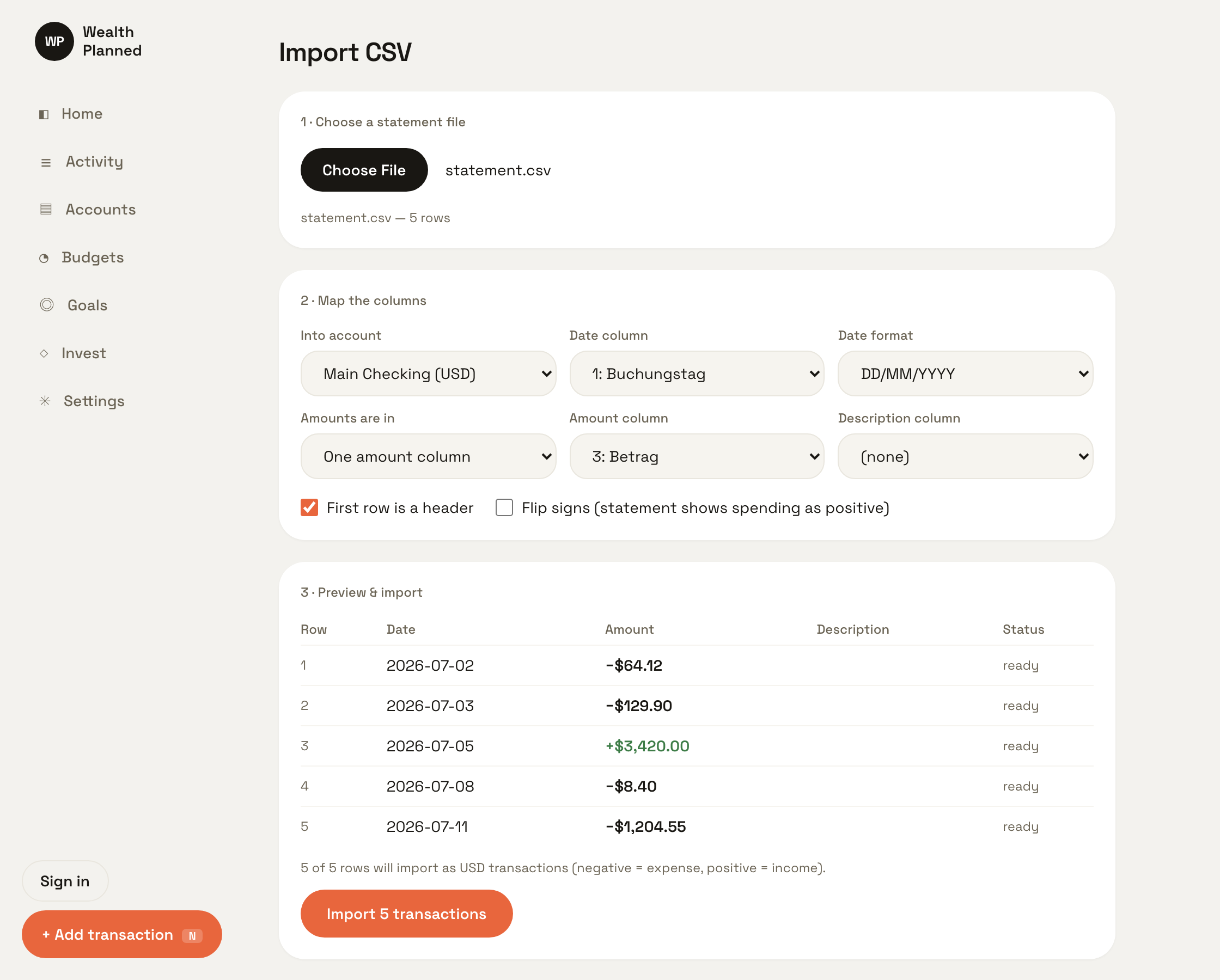 The CSV import screen having parsed a semicolon-separated German bank statement into five ready rows